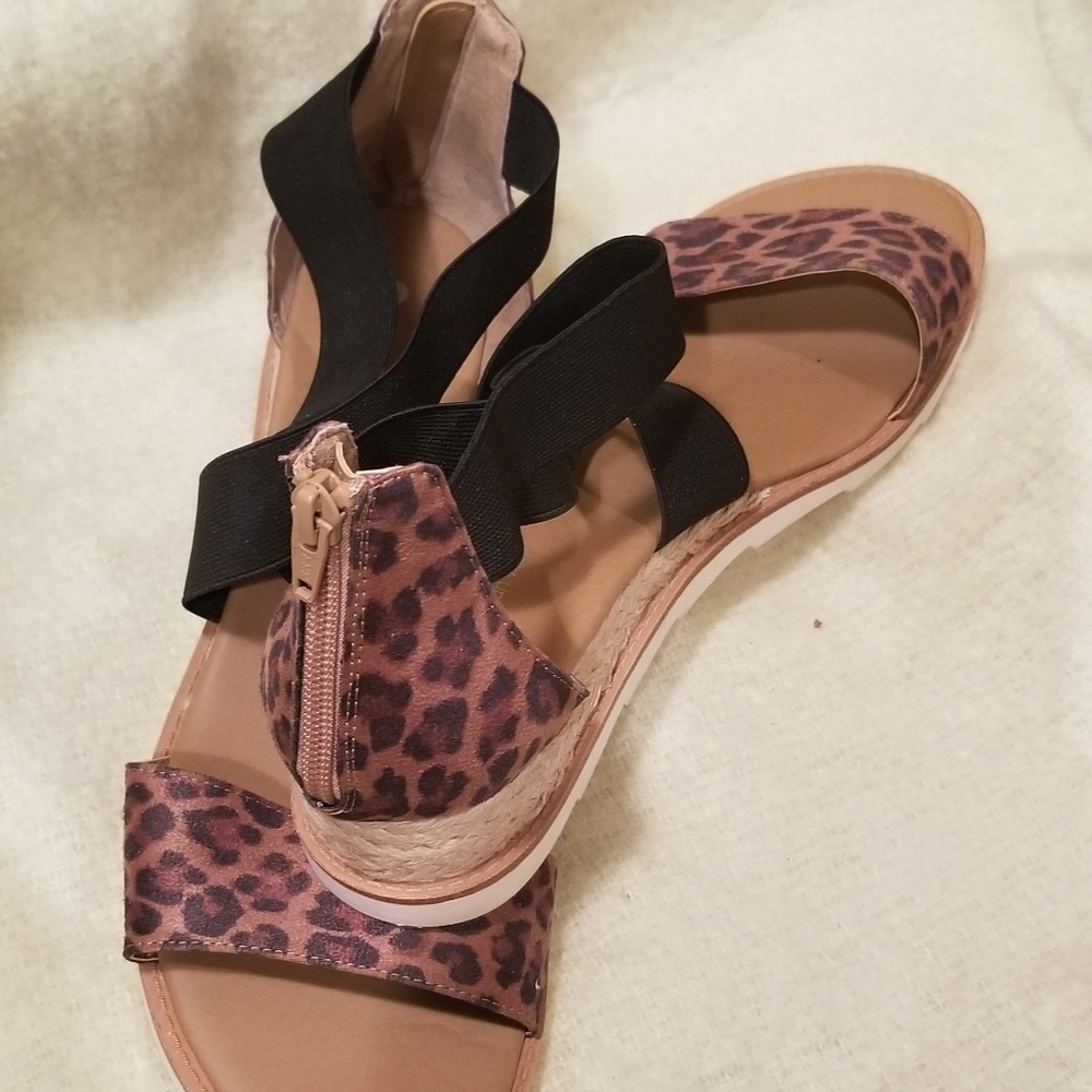 Leopard print wedge strapped sandals